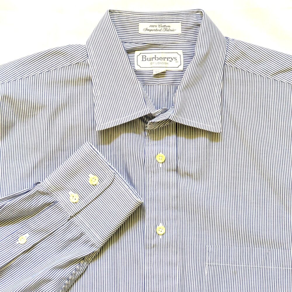 Burberrys of London Mens Cotton Button Down Shirt 16.5 35 Blue White Stripe USA